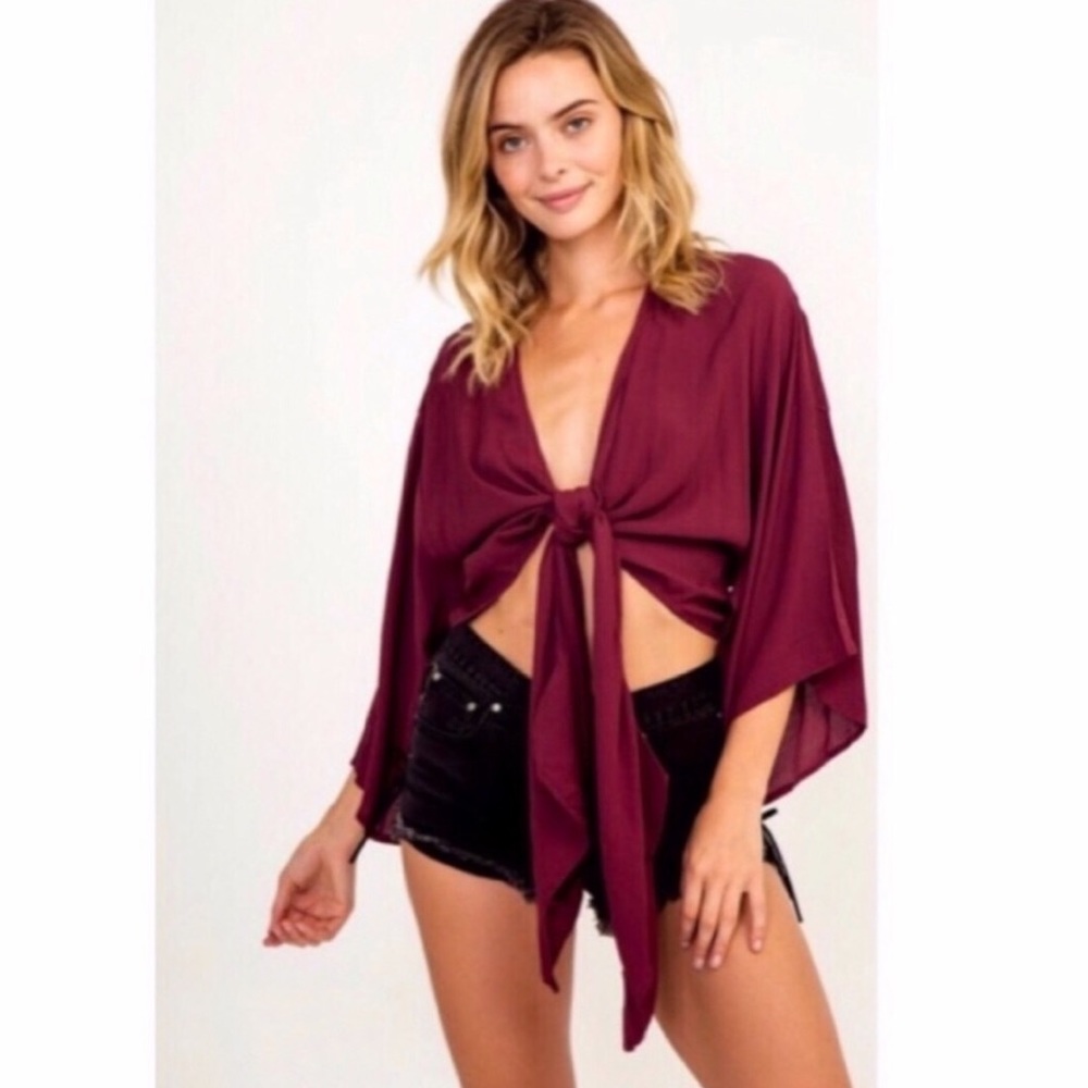3 PACK | Kimono Tie Front Top - Berry